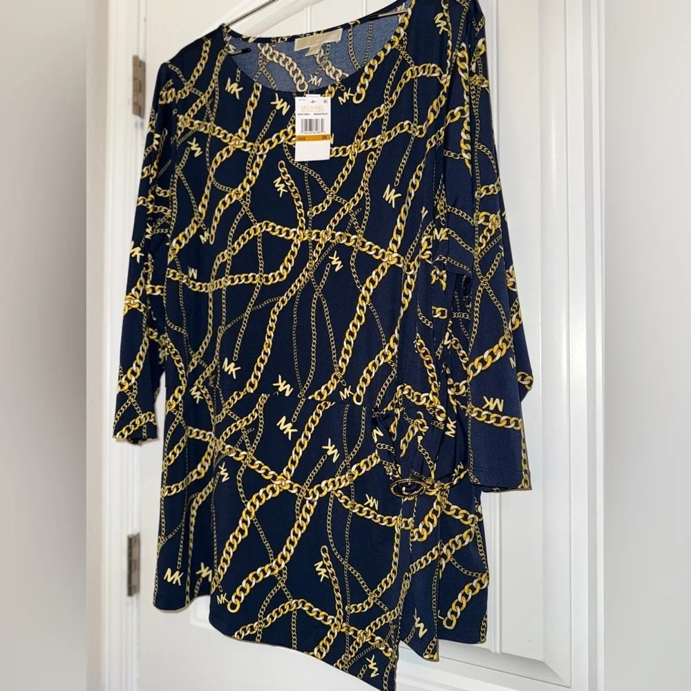 Michael Kors Black and Gold Chain Print Blouse New Plus 3x